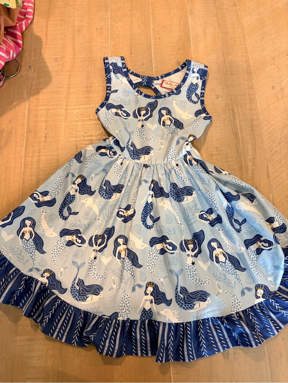 Girls' Blue Mermaid Print Sleeveless Dress